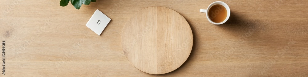 Aufkleber minimalist workshop setup oak wood table with stationery and tea - modern professional development a
