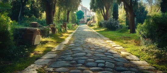 Ancient Roman road Via Appia Antica leading through a lush park landscape in Rome Italy with a captivating vanishing point perspective