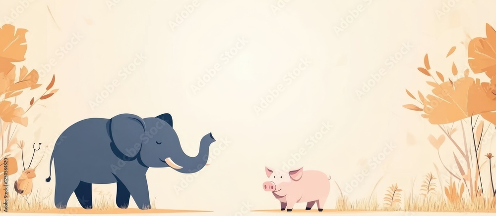 Aufkleber whimsical landing page template showcasing an elephant and a mangalitsa pig against a serene backgro