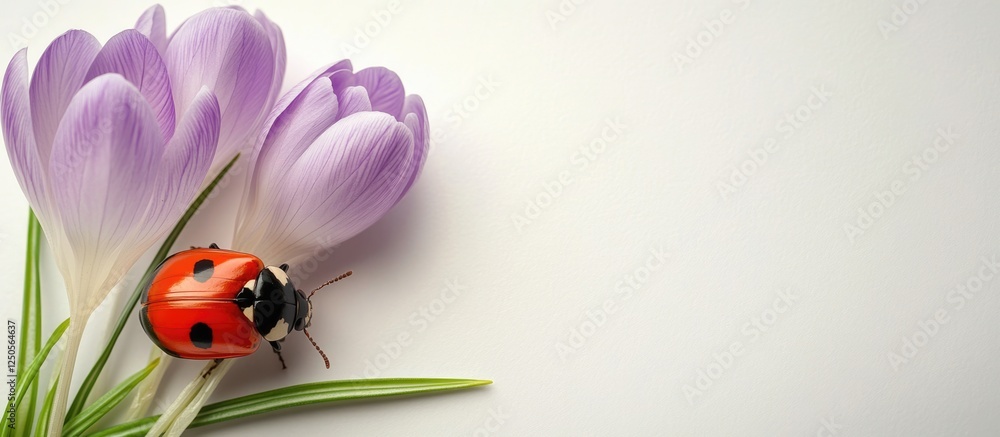 Poster ladybird perched on vibrant crocus flowers against a clean white backdrop ideal for adding custom te