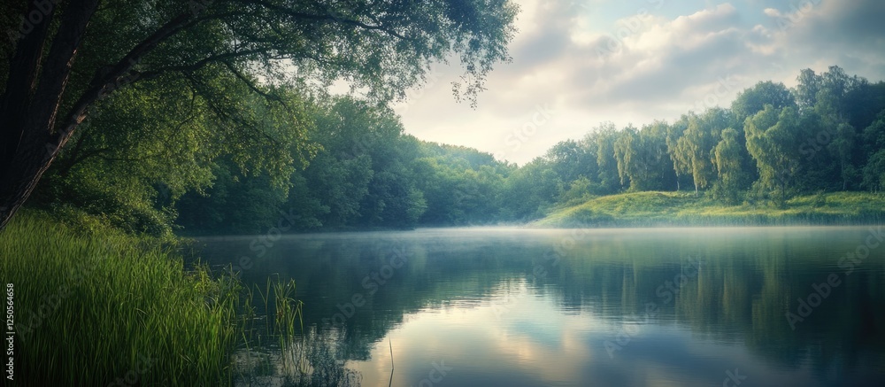Poster serene lake landscape with river reflection and tranquil nature setting for text placement