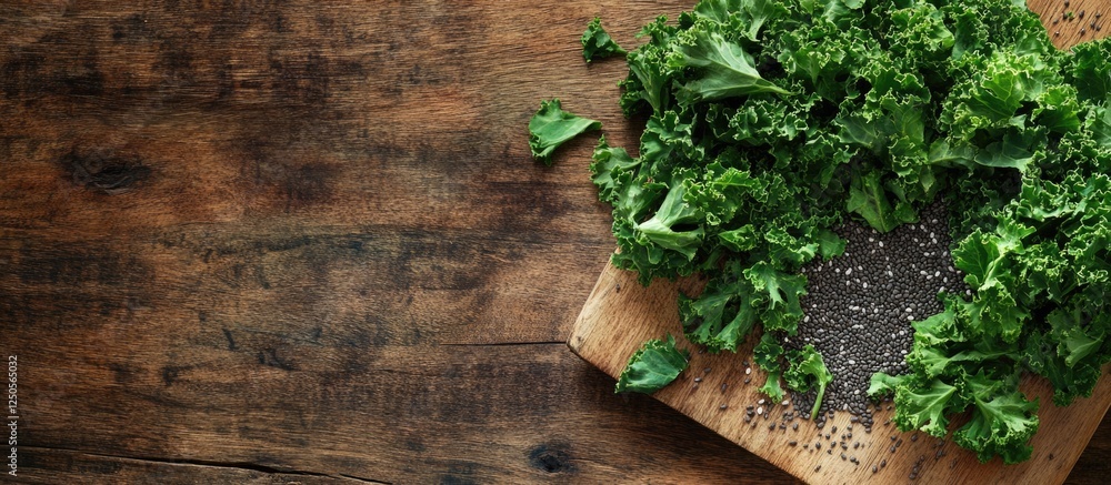 Poster kale smoothie with chia seeds on rustic wooden surface with fresh kale and empty space for text or b