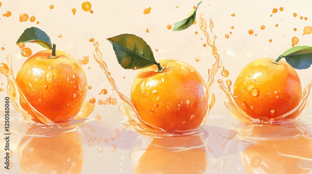 Poster fresh and vibrant oranges with splashes of juice on a white background ideal for logo design of a re