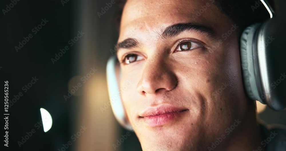 Aufkleber Man, night and headphones for coding on computer in office, software developer and programming. Podcast, html process and listening to audio for web design deadline, cpr system update and streaming