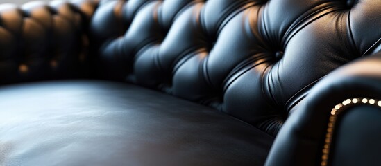 Fototapeta premium Elegant close-up of black leather sofa upholstery showcasing tufted design and rich textures in luxury interior decor.