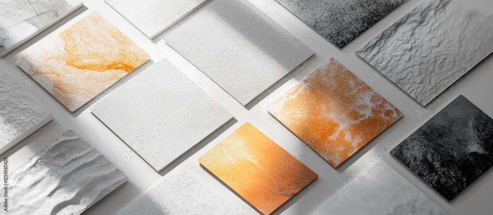 Poster assorted textured media cards arranged on a white surface showcasing various colors and patterns for