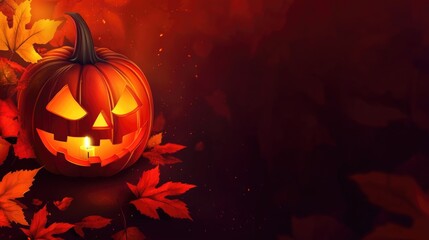 Glowing Jack o' Lantern Surrounded by Vibrant Autumn Leaves for a Halloween Themed Decoration Background