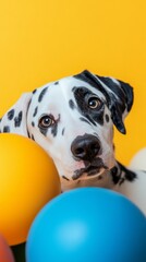 Vibrant Pet Playtime Visual Dalmatian Amidst Colorful Balls on Pastel Yellow - Dynamic Toy Promotion and Pet Store Marketing for Captivating Engaging Content