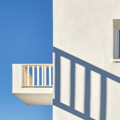 Naklejka premium Minimalist Urban Micro-Apartment Design Geometric Shadows on White Wall - Compact Living Solutions and Contemporary Real Estate Marketing