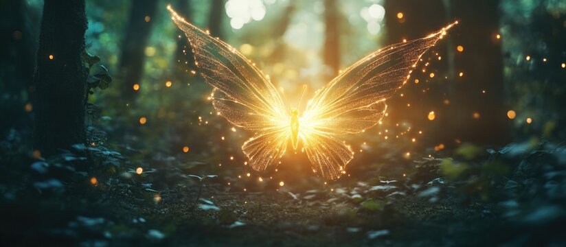 Magical glowing butterfly with shimmering wings in enchanting forest setting ideal for text overlay and creative designs