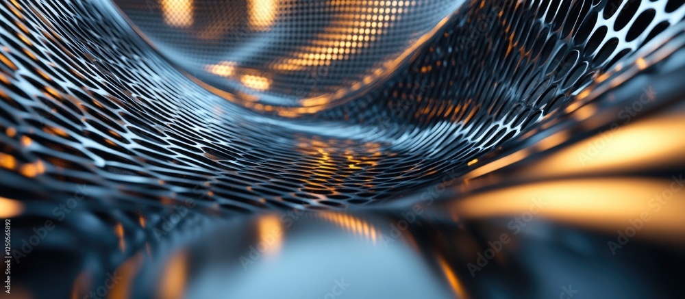 Poster abstract futuristic background with illuminated metal mesh and reflective surfaces creating a dynami