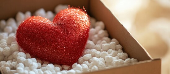 Red Heart Shaped Decoration Inside a Box Filled with Packing Peanuts Creating a Romantic and Cozy Atmosphere