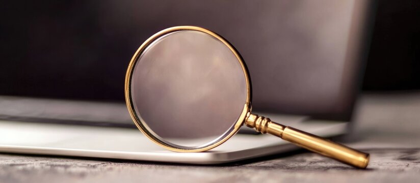 Magnifying Glass Focusing on Business Analytics Data on Laptop with Blank Space for Custom Text and Call to Action - Powered by Adobe