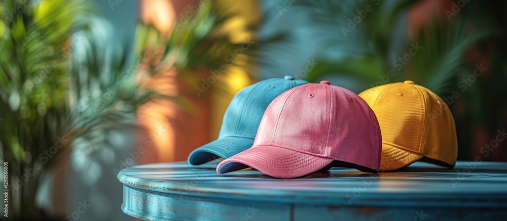Poster vibrant colorful caps arranged on a table with a blurred background and ample blank space for text o
