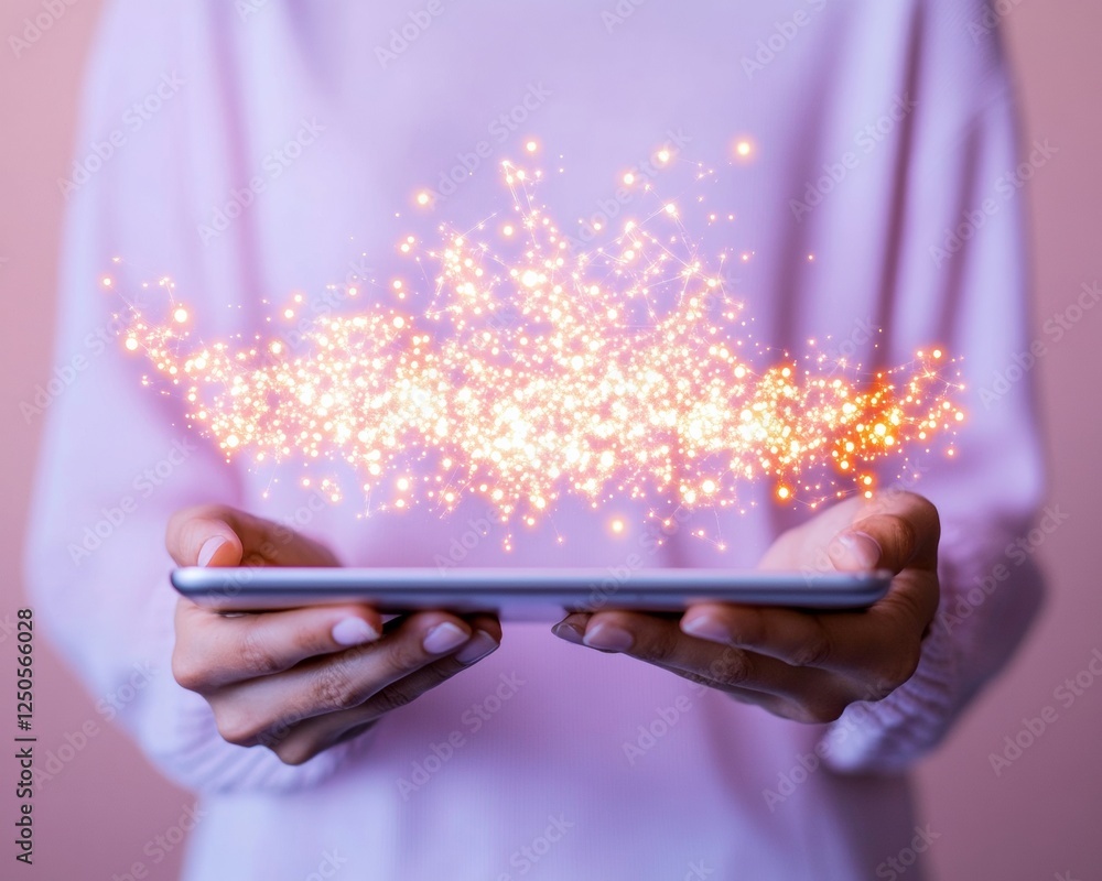Aufkleber Futuristic Tech Workspace Female Using Tablet with Holographic AI Tools in Bright Space - Modern Productivity Solutions and Remote Work Enhancement