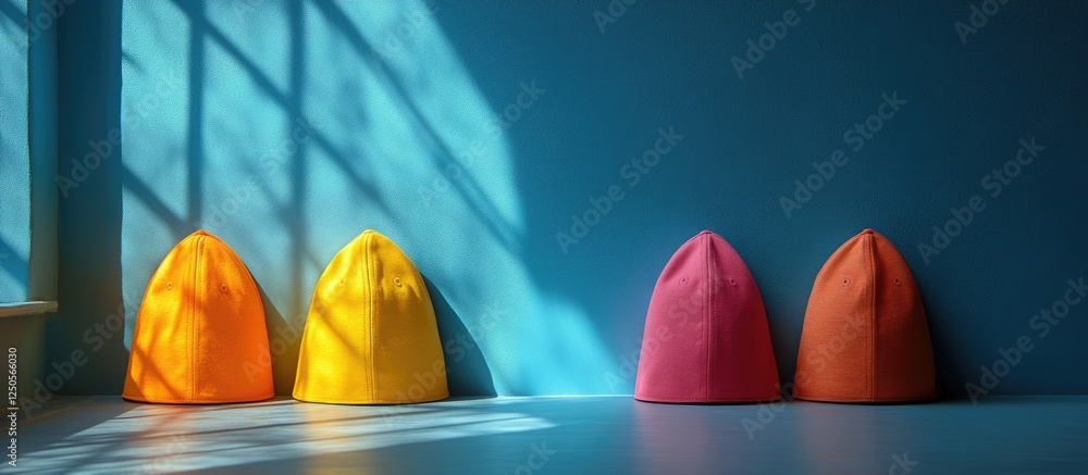 Poster colorful vibrant caps neatly arranged on a table with a bright blue wall and natural light creating 