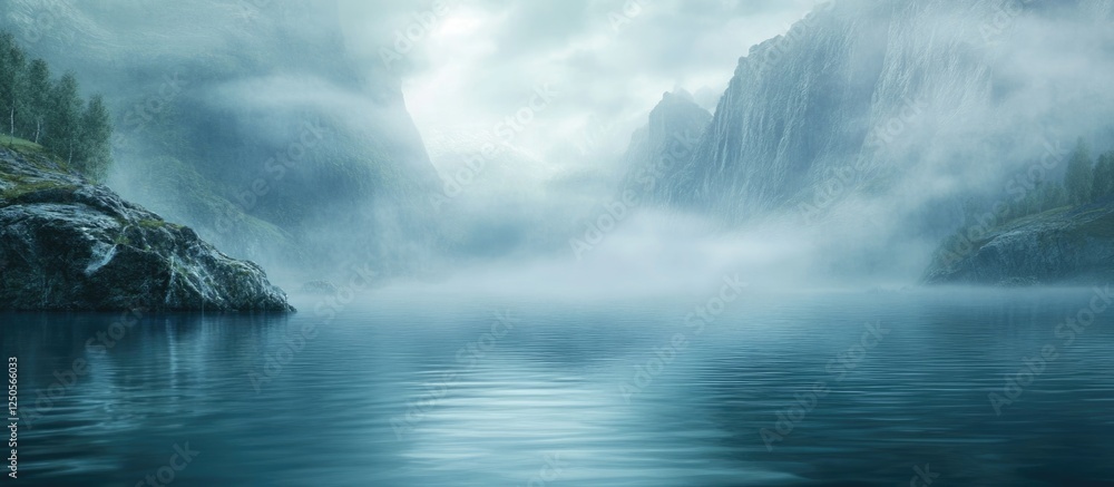 Poster misty lake landscape with mountains and fog creating a serene atmosphere and ample space for text ov