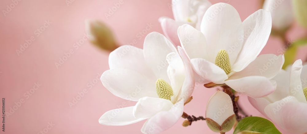 Poster magnolia flowers delicately blurred against a soft pink background with ample space for text and ele