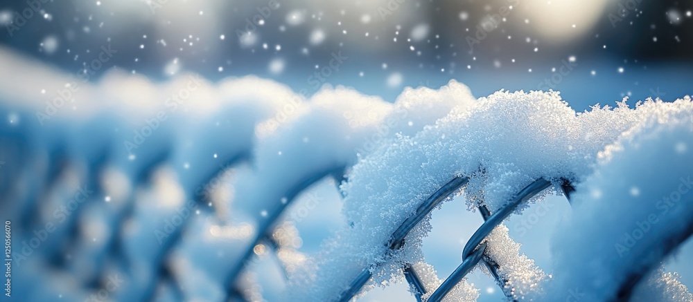 Poster snow-covered iron mesh netting creating an abstract winter background with blurred bokeh effect and 