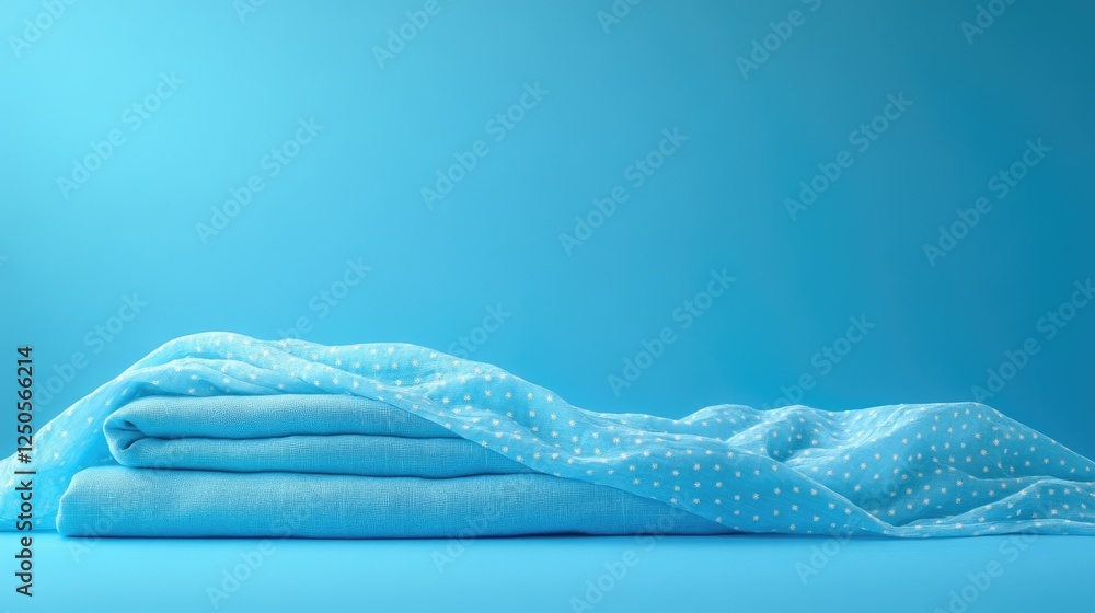 Poster ironed blue linen stack on monochromatic background with space for custom text or branding