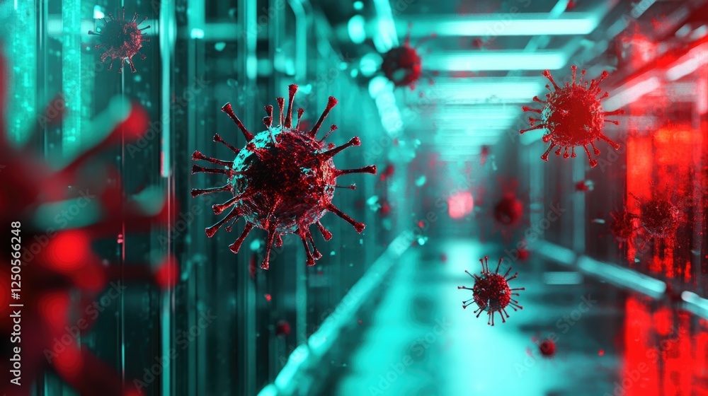Poster futuristic cybersecurity concept with 3d virus models in high-tech digital environment