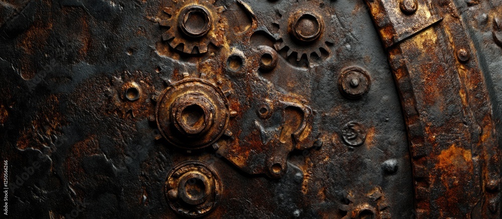 Poster rusty metal background with intricate mechanical parts and gears creating a textured industrial aest