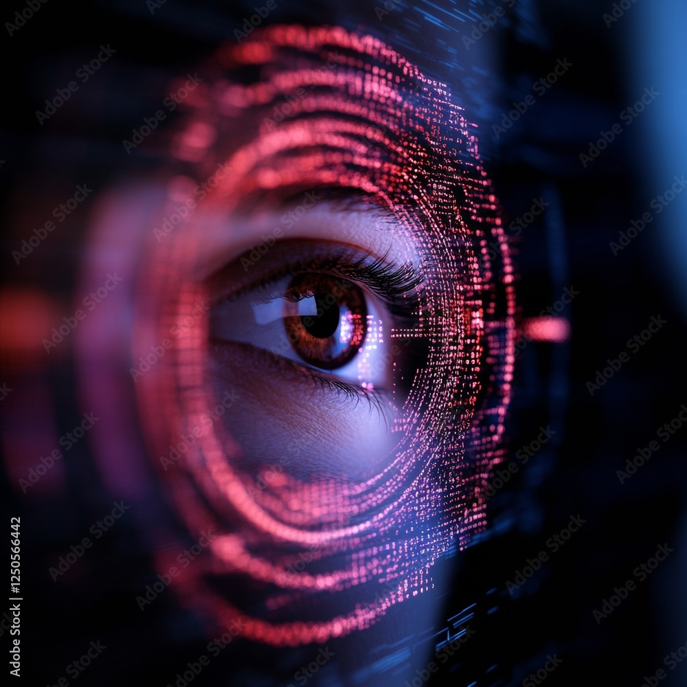 Fototapete Futuristic Security Display Digital Eye with Red Cyber Patterns - Innovative Tech for AI-driven Data Protection and Business Cyber Defense Applications