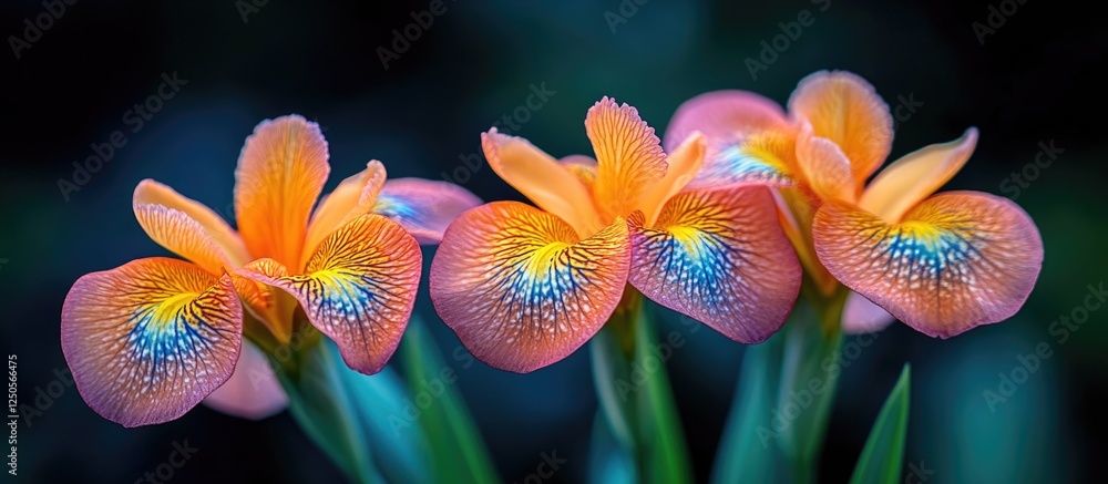 Poster vibrant orange iris flowers with intricate patterns set against a dark background creating a stunnin