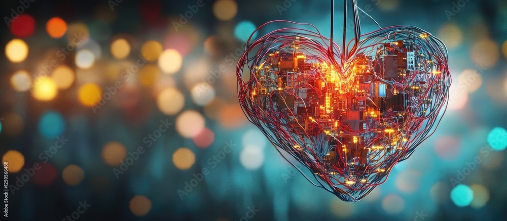 Poster digital heart made of circuitry glowing amidst a vibrant bokeh background symbolizing technology and
