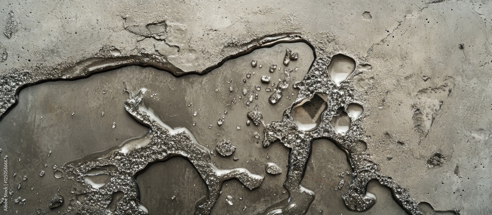 Poster melting ice creating unique patterns on a textured concrete surface in a natural setting
