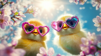 Fototapeta premium Two fluffy chicks with oversized, colorful heart-shaped sunglasses soar through the sky, creating a lively and cheerful scene. Bright, soft lighting enhances the joyful spring atmosphere.