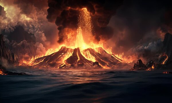 Volcanic eruption over ocean; fiery mountain; dramatic clouds; disaster scene