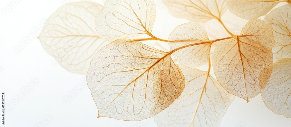 Poster delicate macro closeup of dried hydrangea skeleton leaves isolated on a soft white background for ar