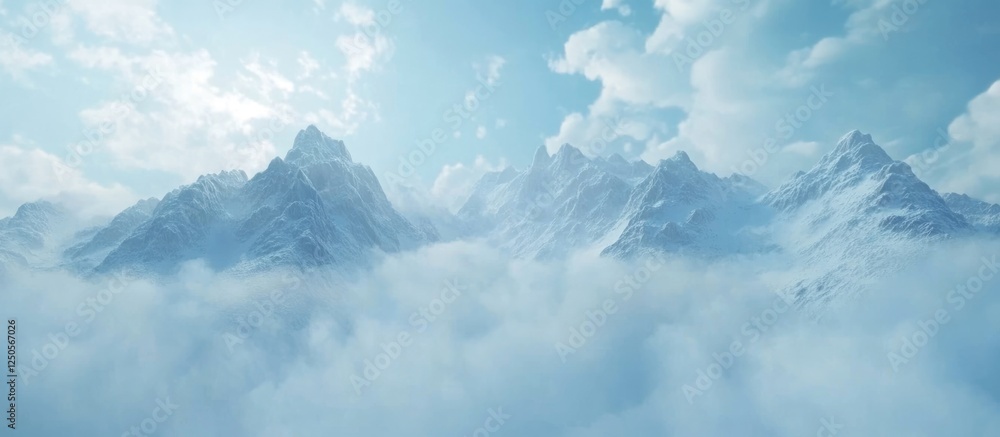 Poster Majestic mountain range enveloped in fluffy clouds with serene atmosphere and ample empty space for text or graphics.