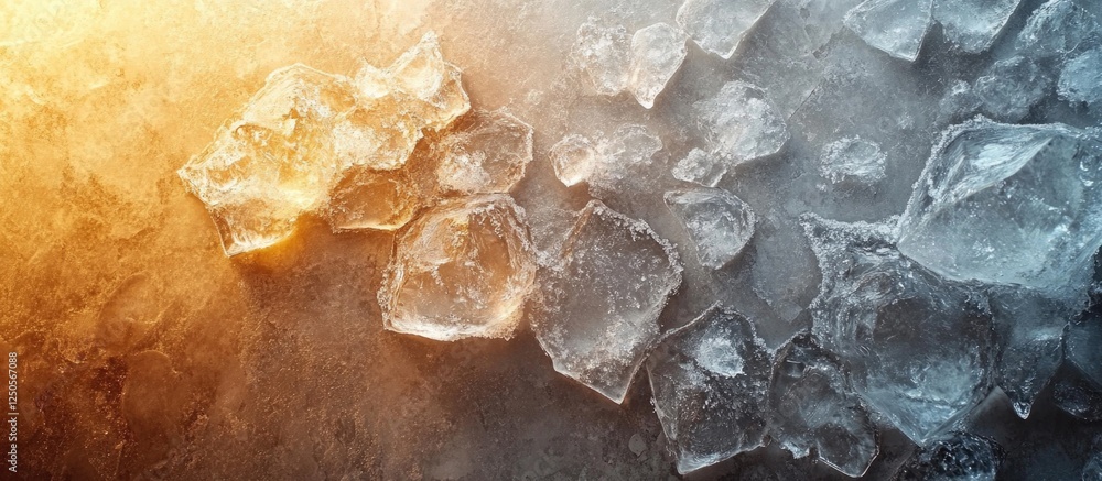 Poster intricate ice crystals forming unique patterns on a textured concrete surface illuminated by warm an