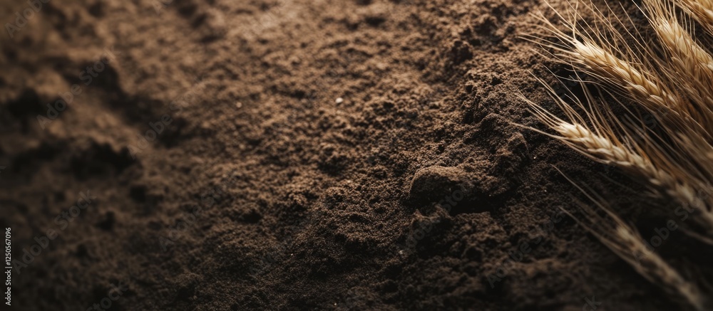 Poster macro close up of rich soil showcasing wheat grass with ample negative space for text or graphic ove