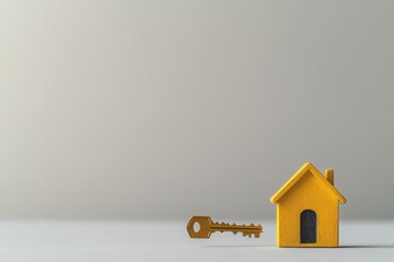 Cozy Yellow House Model Next to Golden Key Symbolizing Home Ownership and Real Estate Opportunities for Future Homebuyers and Investors Looking for New Beginnings
