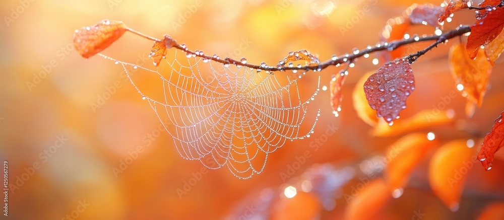 Poster Delicate cobweb adorned with morning dew against a vibrant autumn backdrop featuring warm colors and empty space for text on the right.