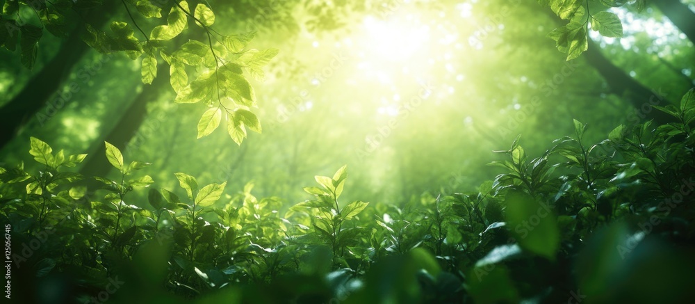 Aufkleber abstract blurred forest foliage with sunlight filtering through trees creating a serene and vibrant 
