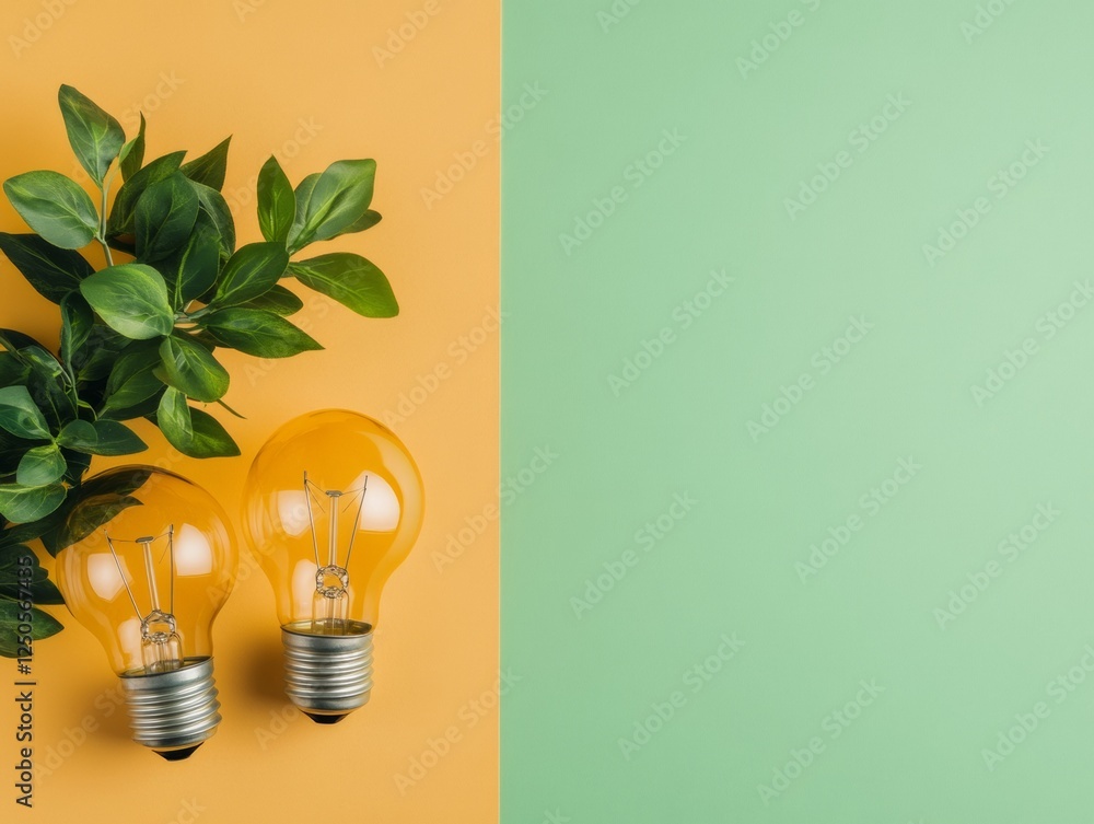 Aufkleber Vibrant Idea Mapping Dual-Tone Desk with Edison Bulbs and Greenery - Creative Strategy Tools for Modern Business Planning and Collaborative Innovation