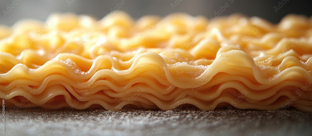 Poster dry noodle texture background of instant ramen with wavy layers showcasing a smooth golden surface f