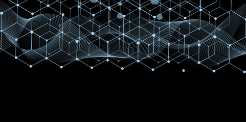 Obraz premium Abstract blue geometric background. Hexagons design for medical, science, and digital technology. Science network pattern, connecting lines and dots. Technology hexagons structure or molecular connect