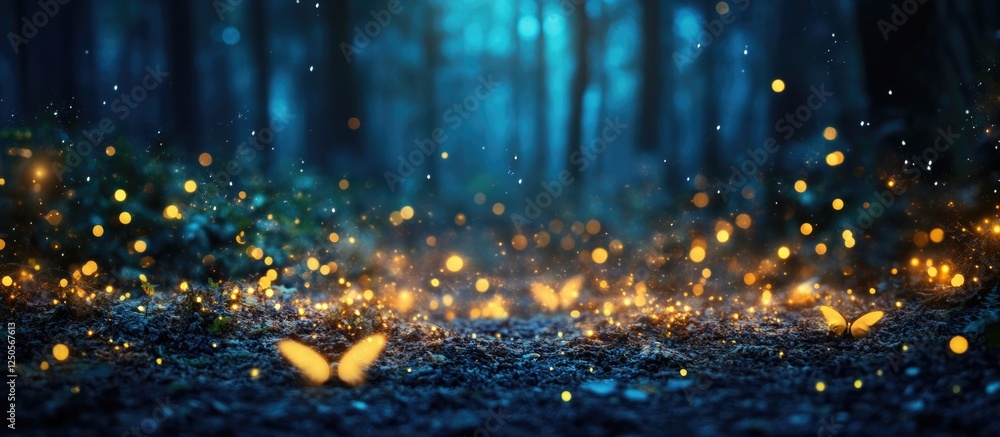 Poster enchanted forest atmosphere illuminated by magical lights with a serene background suitable for text