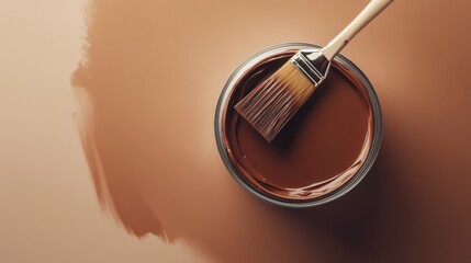 Top view Brush lying on top of a can of paint, Mocha Mousse colored image, minimalism