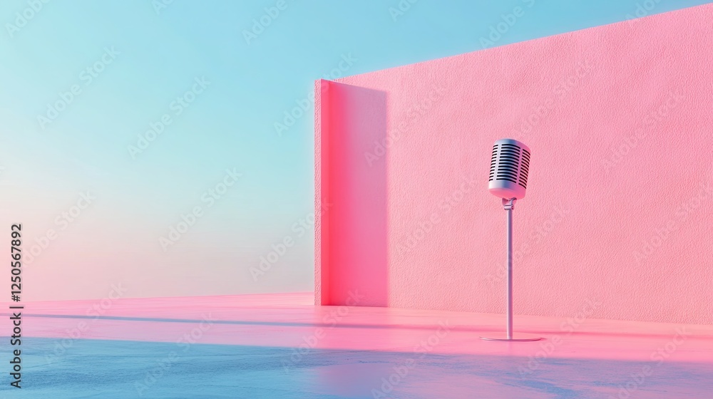 Aufkleber microphone happy playful concept, retro microphone on a colorful background with highlighted soft pa