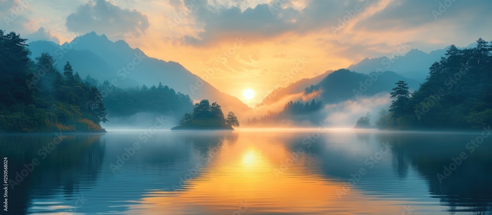 Poster serene landscape at sunrise over calm waters with mountains and mist creating a tranquil inspiration