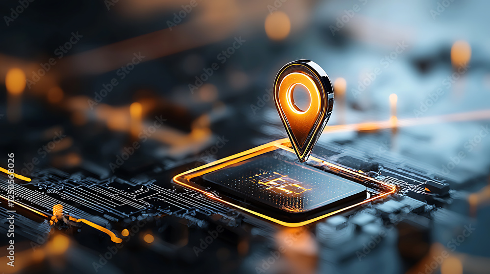 Poster exploring geolocation technology digital landscape visual representation futuristic environment clos