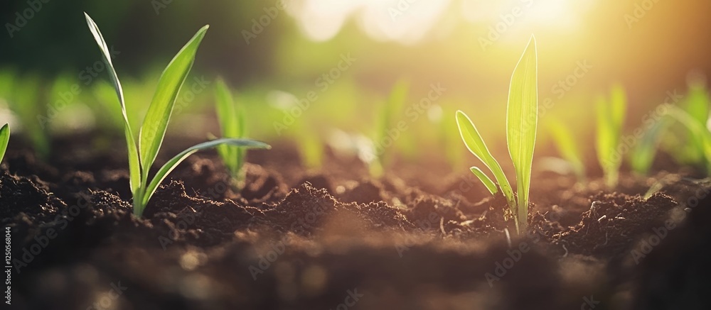 Poster close up of vibrant wheat grass growing in rich soil with soft sunlight creating a serene atmosphere