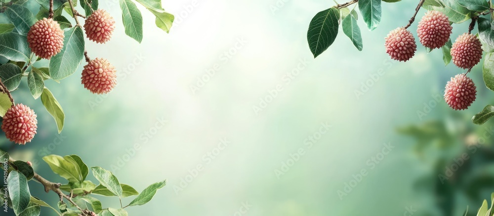 Poster lychee and mulberry fruits hanging on trees in a serene evening garden with ample empty space for te