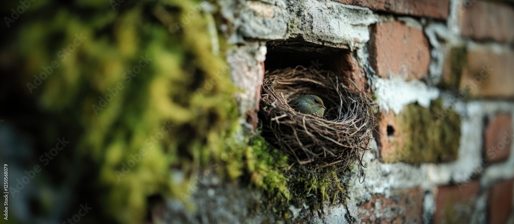Poster nest nestled in a crack of a weathered brick wall surrounded by moss creating a tranquil and serene 